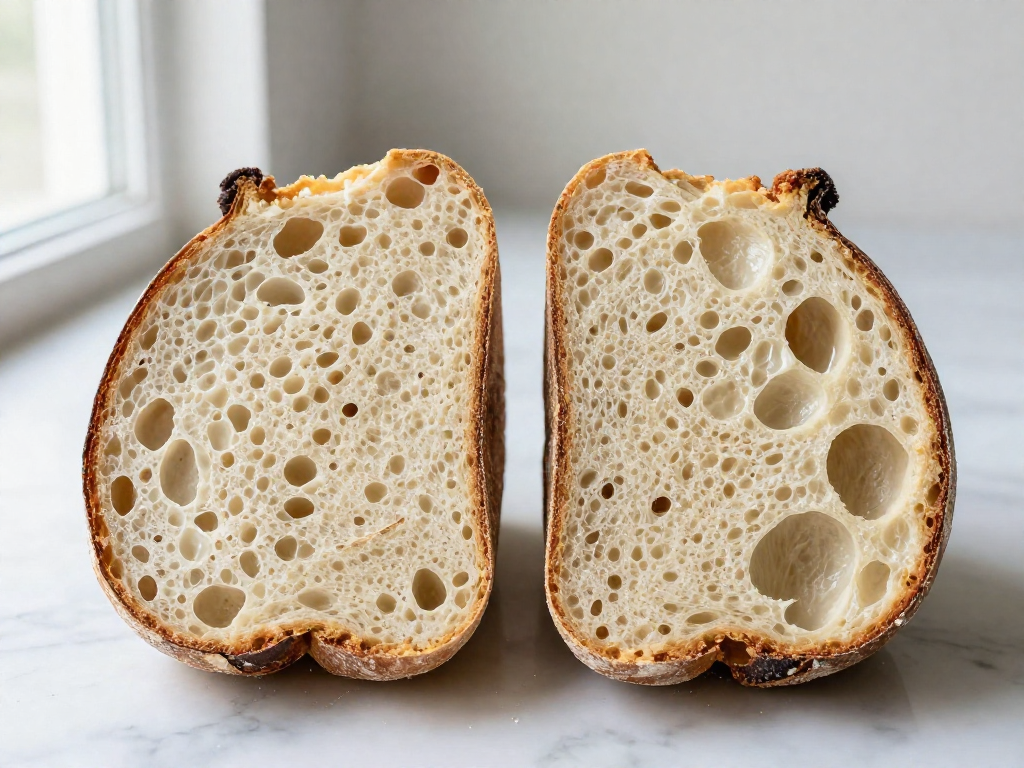 Side-by-side comparison of a dense gummy sourdough crumb next to an open airy crumb