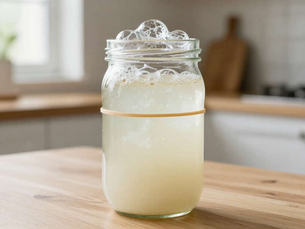 Active sourdough starter doubled in a glass jar with a rise mark