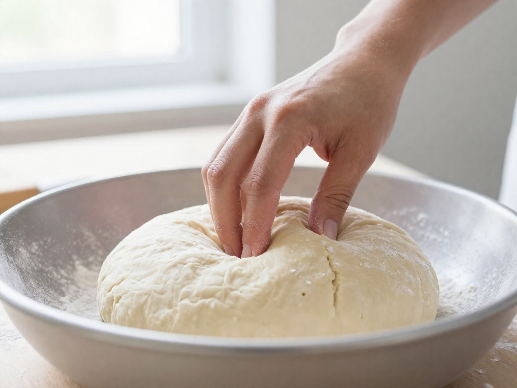 Finger performing the poke test on proofed sourdough dough
