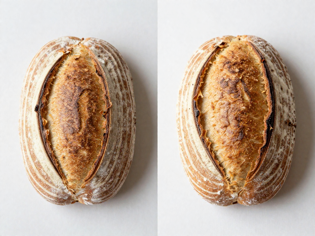 A scored sourdough loaf beside its baked result showing strong oven spring