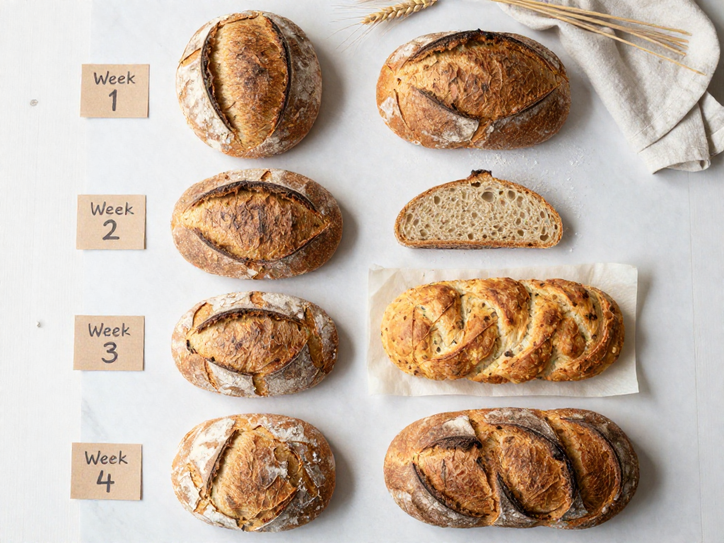 Overhead flat-lay of five finished beginner sourdough breads labeled Week 1 through Week 4 on a wood and marble surface
