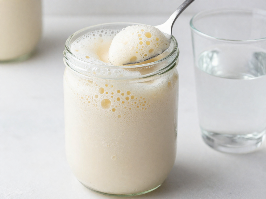 Close-up of an active bubbly sourdough starter in a glass jar with a spoonful floating in water for the float test