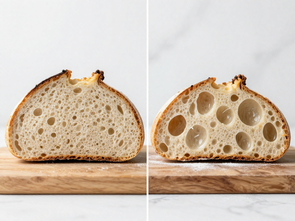 Side-by-side crumb comparison of a dense gummy sourdough loaf and a well-risen open crumb loaf