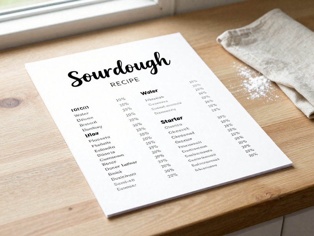 Annotated sourdough recipe card with flour labeled 100 percent and each ingredient's baker's percentage