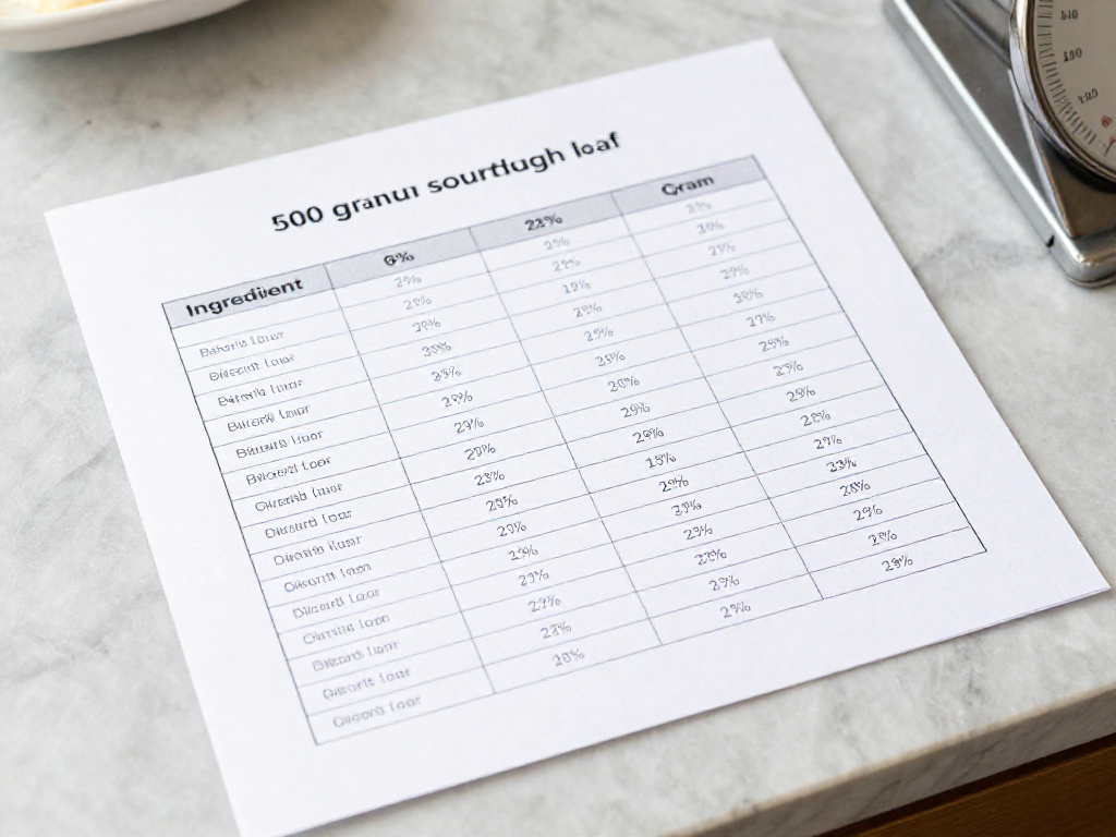 Side-by-side table converting baker's percentages to grams for a 500 gram flour loaf