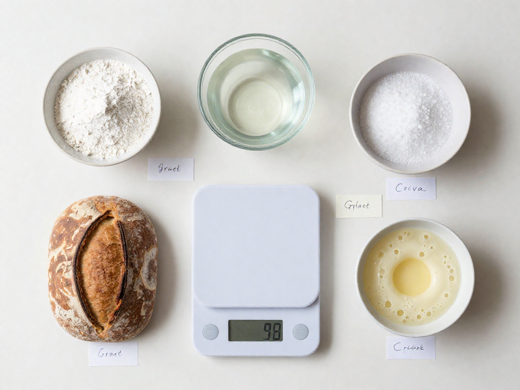 Flat-lay of weighed sourdough ingredients on a kitchen scale with gram labels