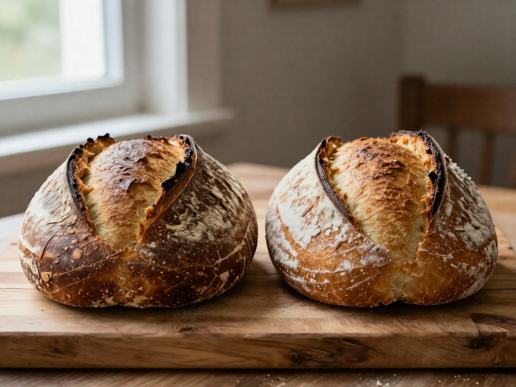 Two sourdough bread loaves on a wooden board, one taller with a darker crust from a Dutch oven, the other slightly flatter with a lighter crust from a baking stone.