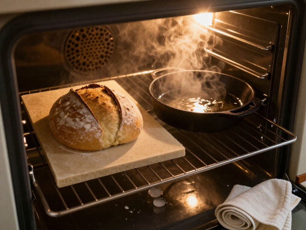 A baking stone with a loaf of bread inside an oven, with steam rising from a cast iron skillet of water and ice cubes on the oven floor.