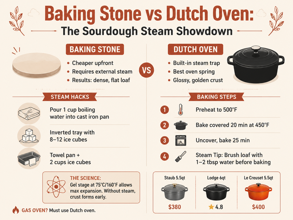 Infographic comparing baking stone vs Dutch oven for sourdough bread. Left side lists stone pros (cheaper, needs steam hacks like boiling water, inverted tray, towel pan) and result (dense loaf). Right side lists Dutch oven pros (built-in steam, best oven spring, golden crust) and baking steps (preheat 500°F, 20 min covered, 25 min uncovered). Center tip: brush dough with water. Science note: gel stage at 75°C. Bottom prices for Staub $380, Lodge 4.8 stars, Le Creuset $400. Note: gas oven needs Dutch oven.