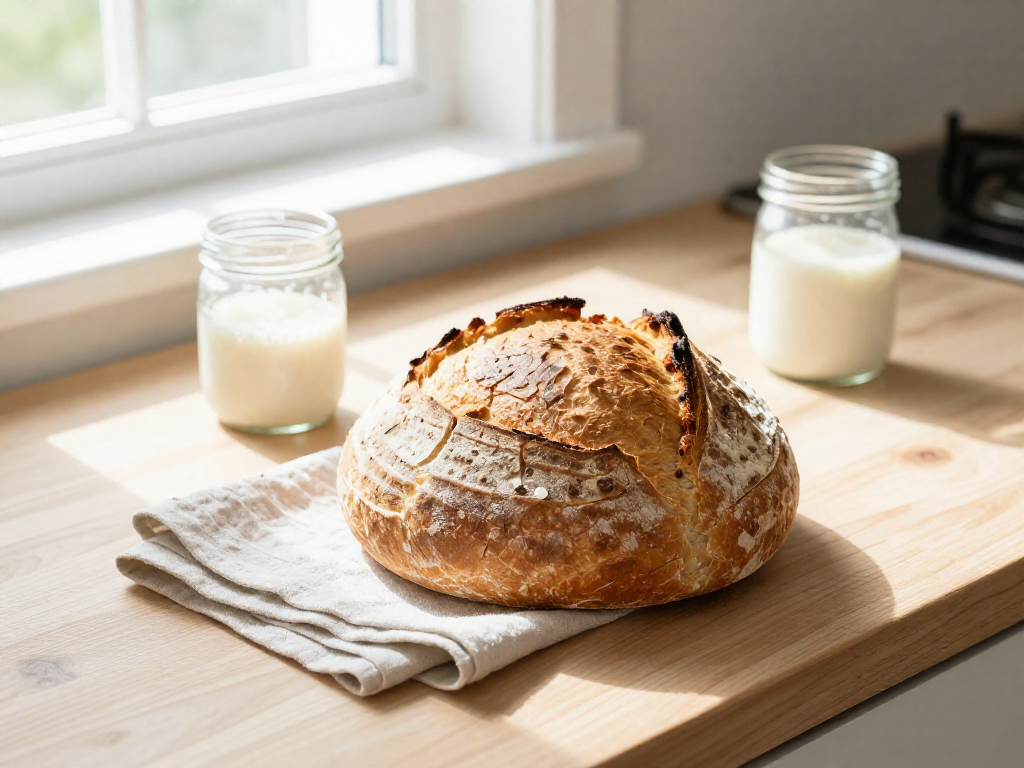 Freshly baked overnight sourdough loaf on a light wooden counter in bright morning light