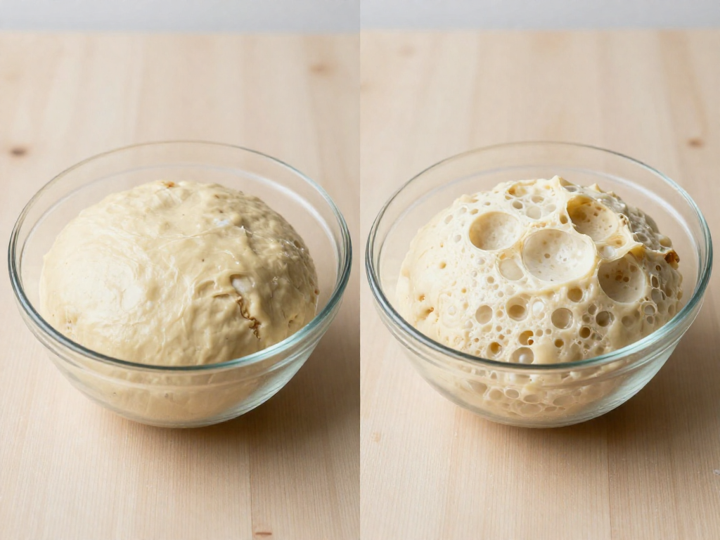 Side-by-side of sourdough dough freshly mixed at night and fully fermented in the morning