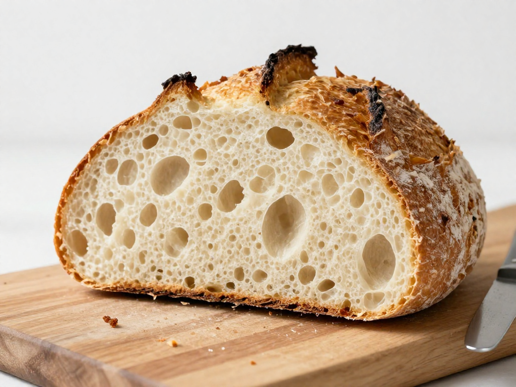 Overnight sourdough loaf cut open showing an open, airy crumb