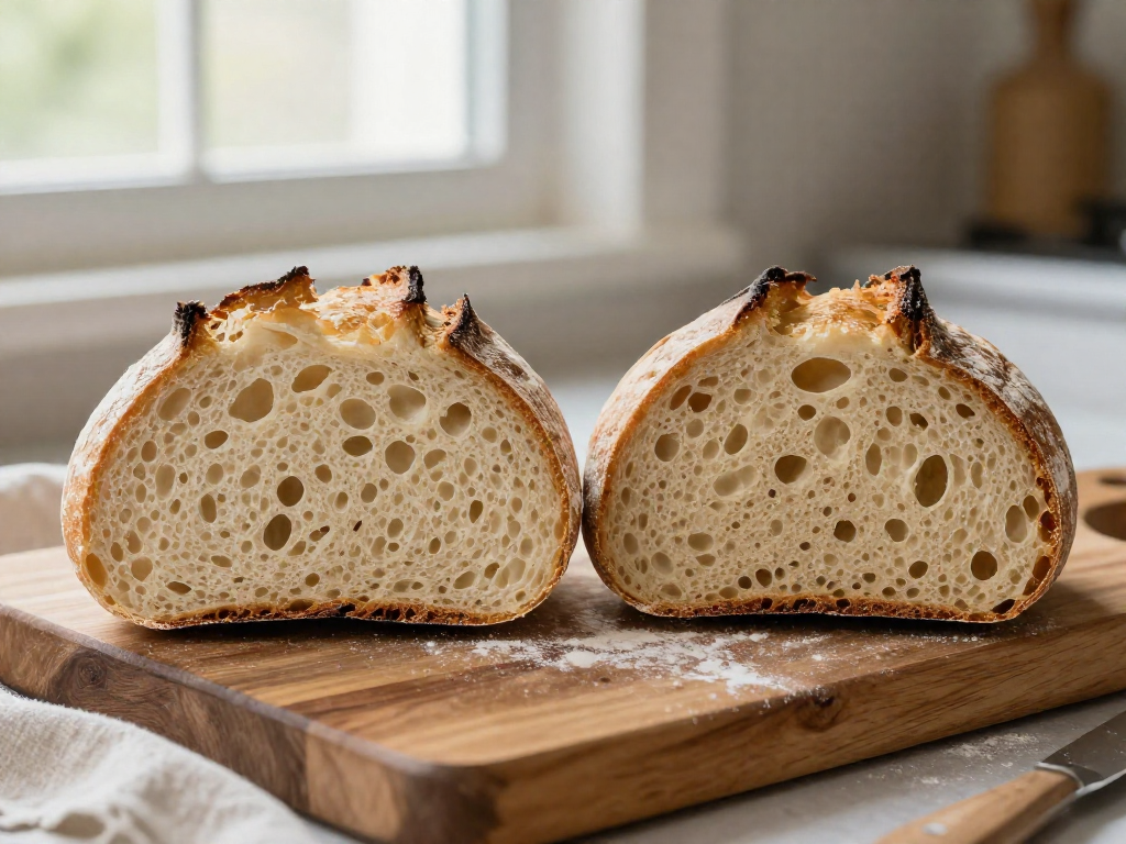 A mild pale-crust sourdough loaf and a darker tangier sourdough loaf sliced open side by side on a wooden board