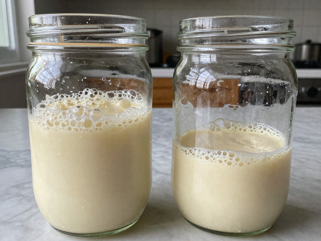 Two glass jars of sourdough starter compared, one bubbly at peak and one collapsed past peak