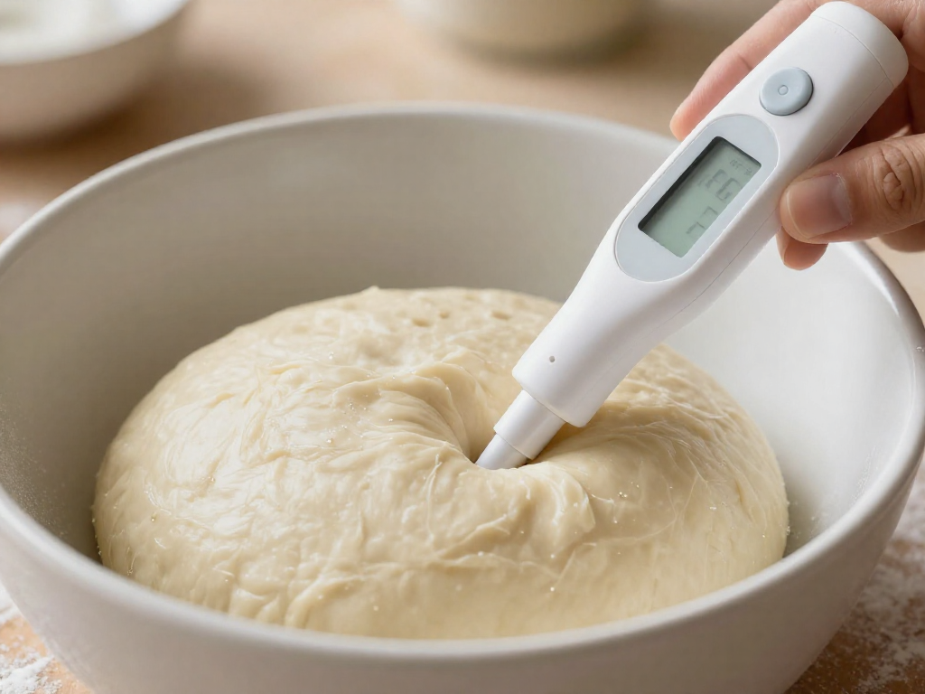 A digital probe thermometer inserted into sourdough dough displaying the fermentation temperature