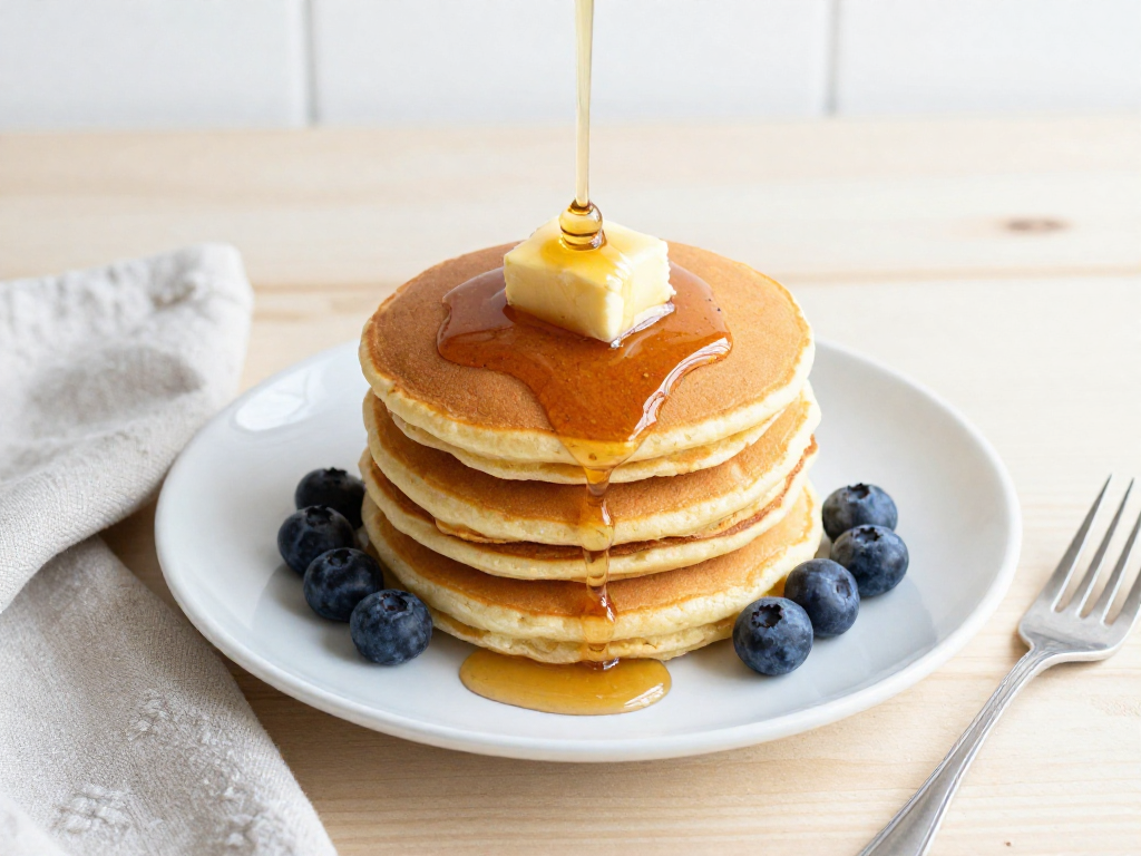 Overhead view of a stack of fluffy sourdough discard pancakes with syrup pouring over melting butter
