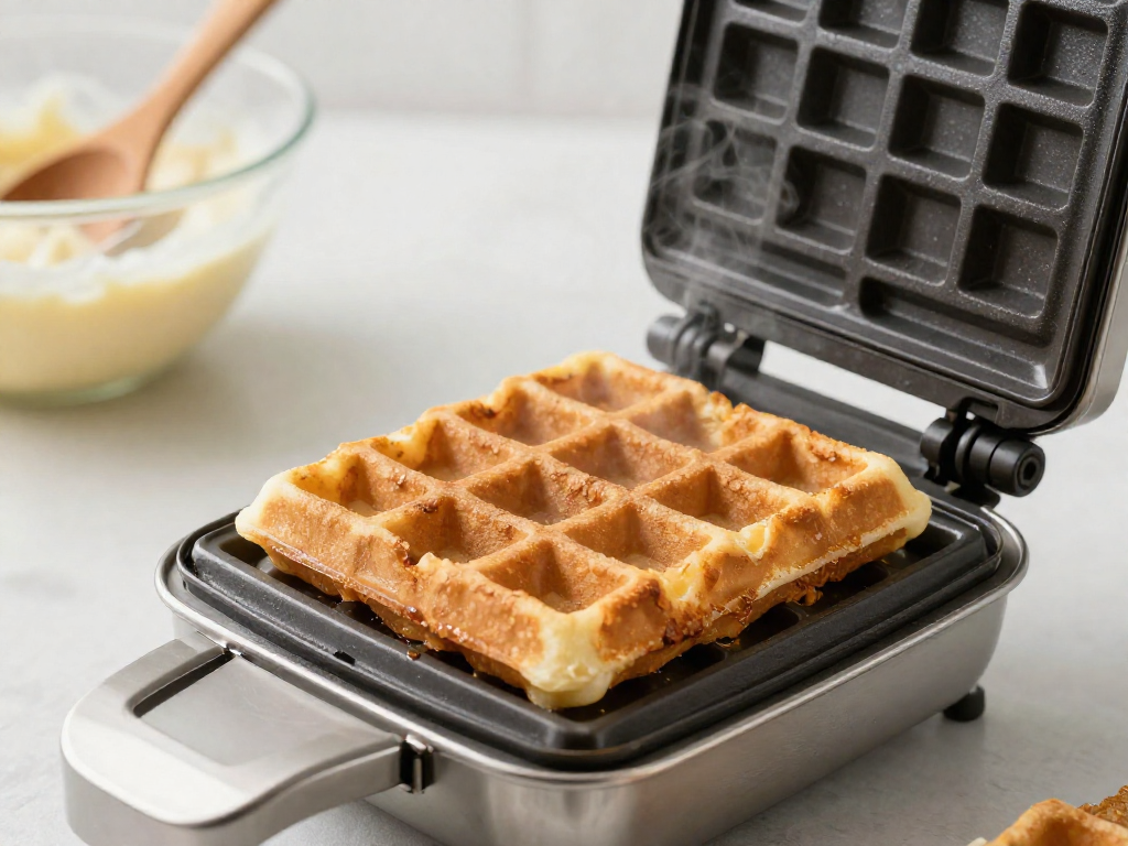 Golden crispy sourdough discard waffle in an open waffle iron with steam rising