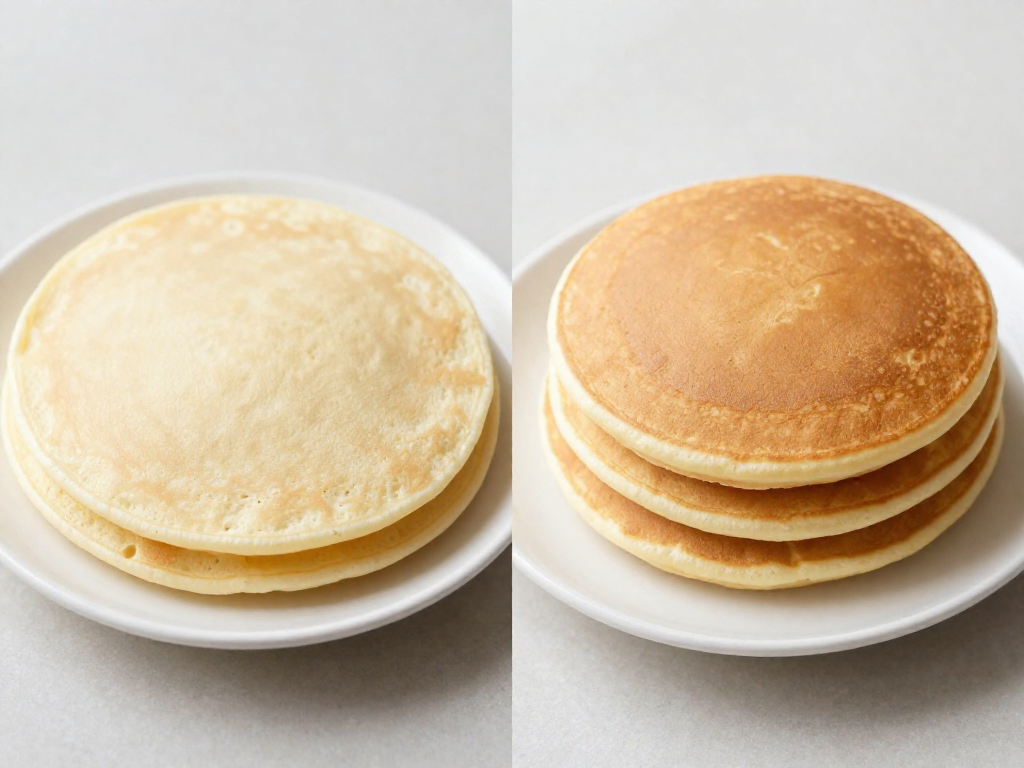 Comparison of a dense flat pancake next to a fluffy well-risen sourdough discard pancake