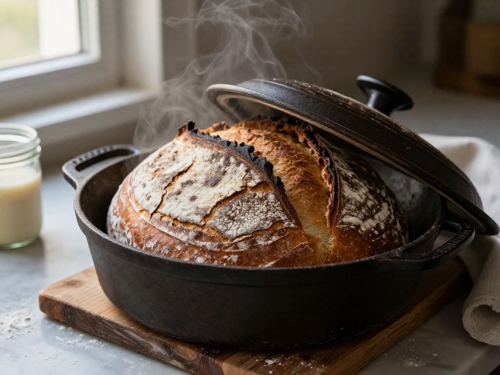 A crusty artisan sourdough boule resting on a cast iron Dutch oven lid, with steam rising, on a flour-dusted counter.