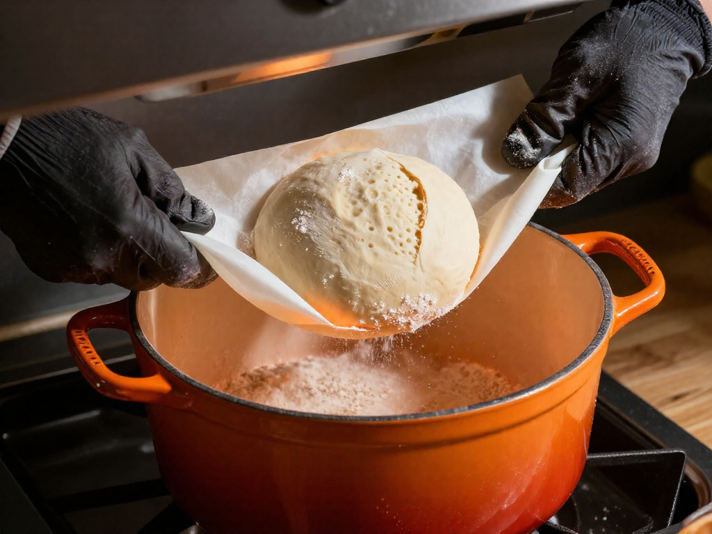 Hands wearing heat-resistant gloves use a parchment sling to lower a proofed sourdough loaf into a glowing hot Dutch oven.