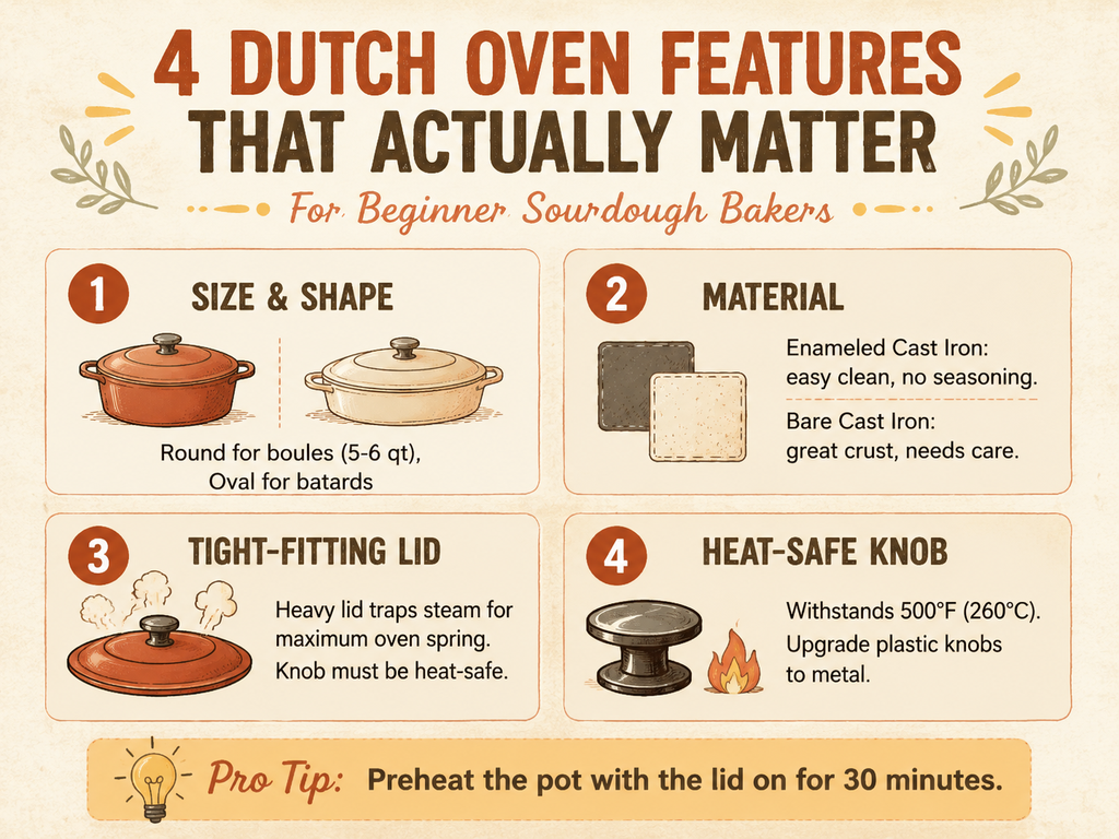 Cozy infographic titled '4 Dutch Oven Features That Actually Matter for Beginner Sourdough Bakers' with four sections: Size & Shape (round vs oval, 5-6 quart), Material (enameled vs bare cast iron), Tight-Fitting Lid (traps steam), Heat-Safe Knob (withstands 500°F/260°C). Includes pro tip to preheat pot with lid on for 30 minutes.