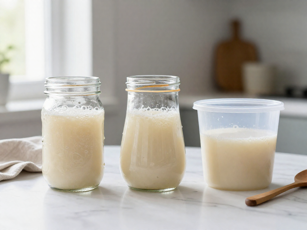 Three sourdough starter jars side by side on a marble counter: a mason jar, Weck tulip jar, and deli container
