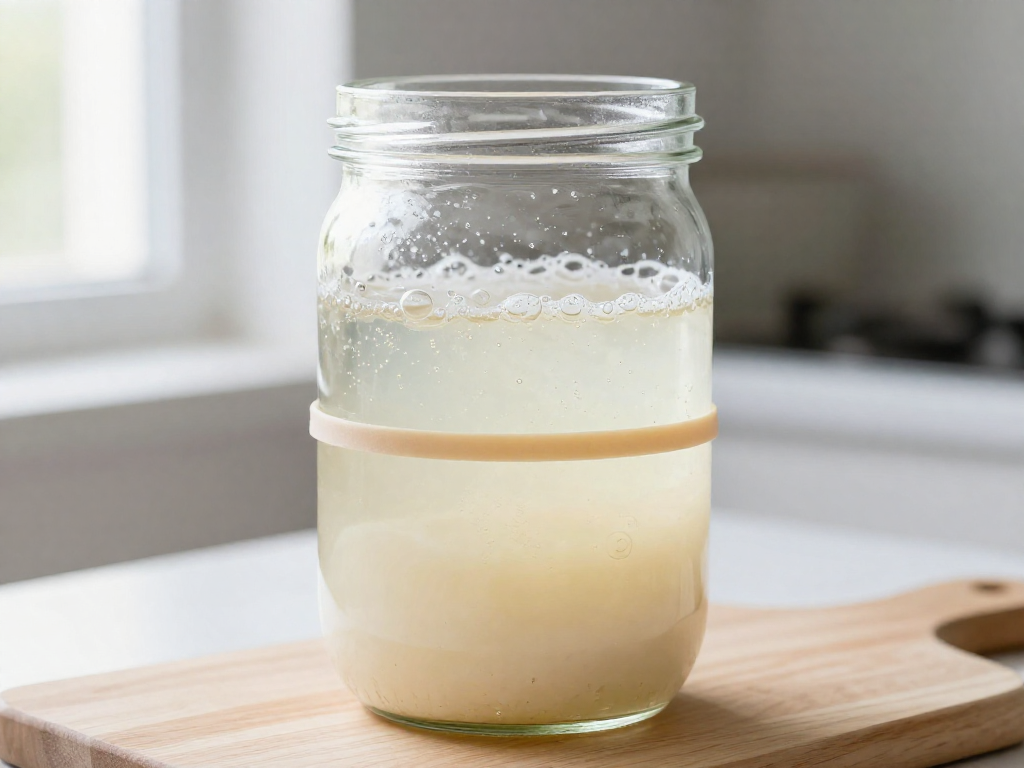 Bubbly active sourdough starter risen above a rubber band mark in a wide-mouth glass jar