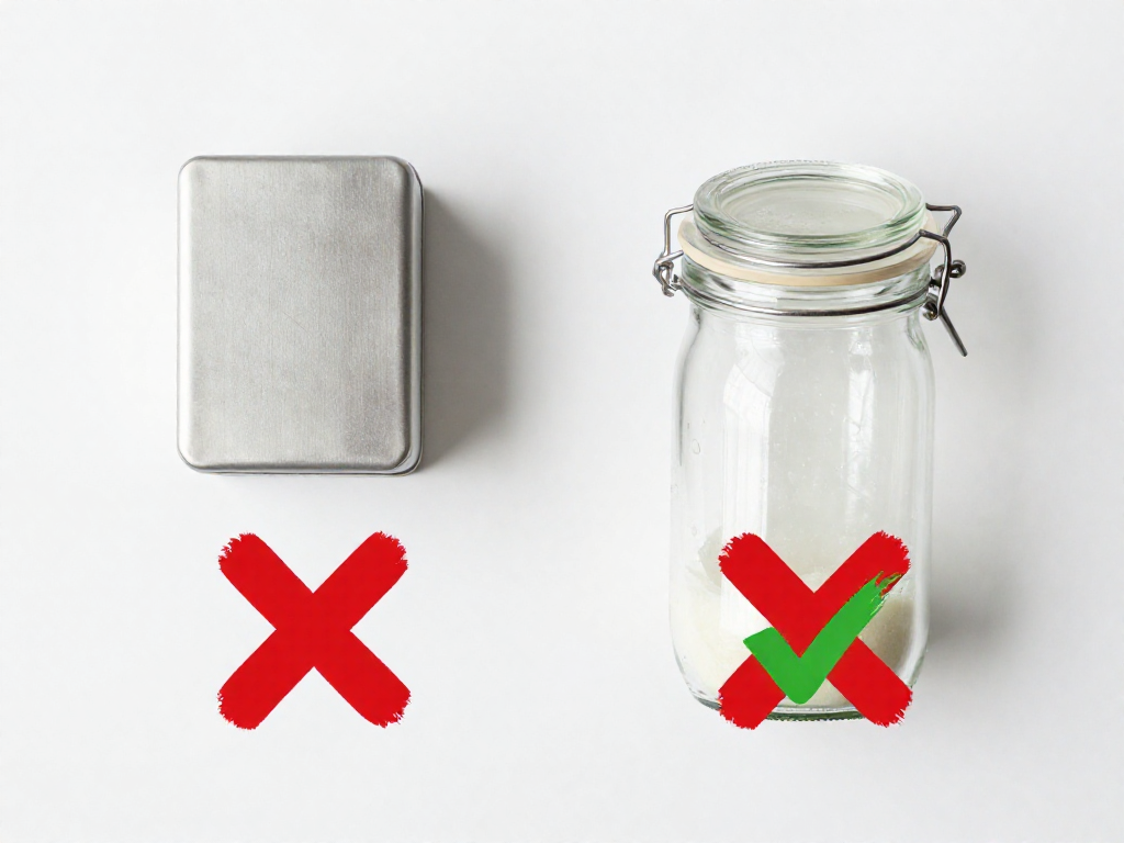 Comparison graphic showing an airtight lid and metal container marked with red X and a correct loosely covered jar with a green check