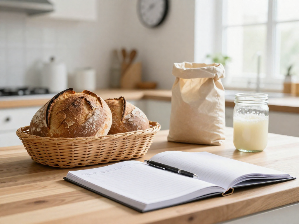 Sourdough dough in a proofing basket next to an open planner and clock on a bright kitchen counter