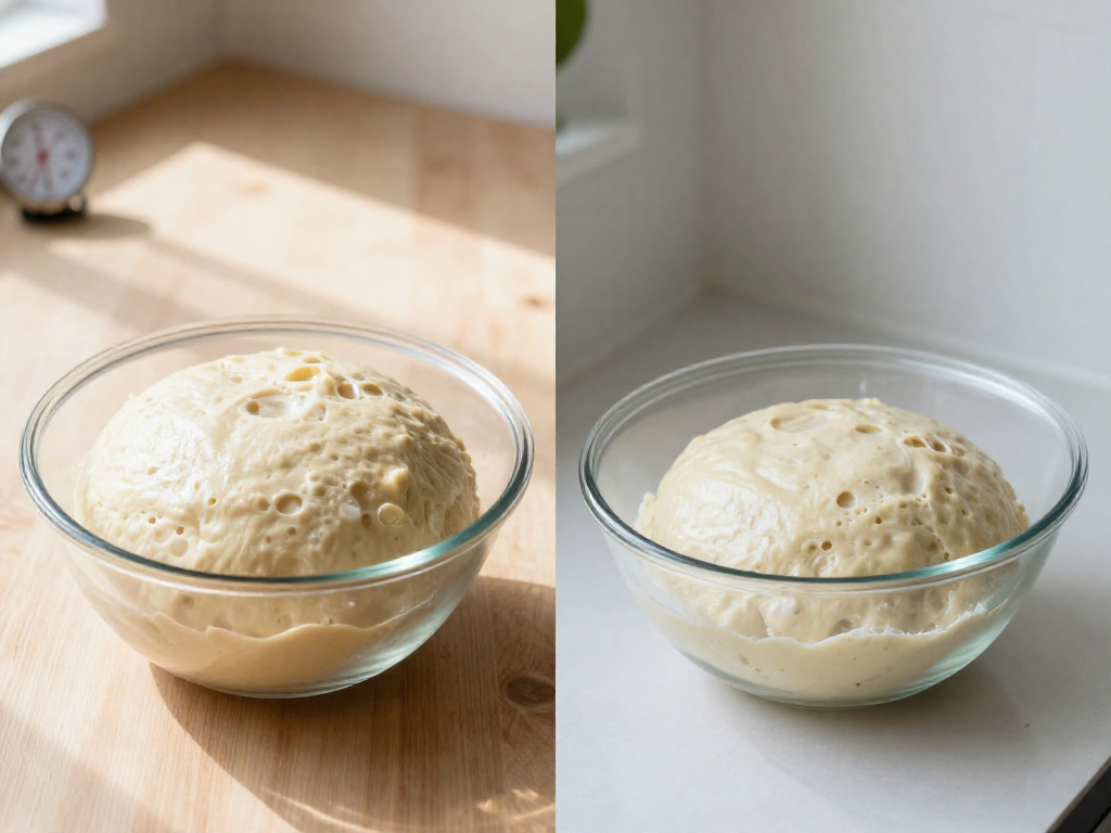 Side-by-side bowls of sourdough dough fermenting in warm versus cool kitchen conditions