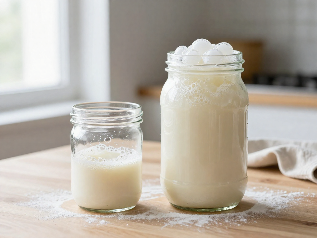 A small no-discard sourdough starter jar beside a large traditional sourdough starter jar on a wooden counter