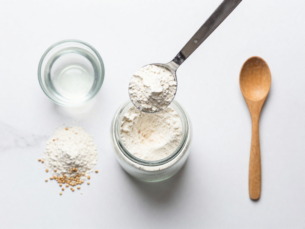 Overhead view of a tablespoon measuring flour and water into a small jar to build a no-waste sourdough starter
