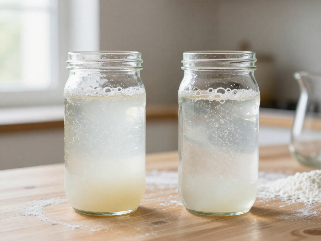 Two glass jars of sourdough starter fed with tap water and filtered water side by side on a kitchen counter