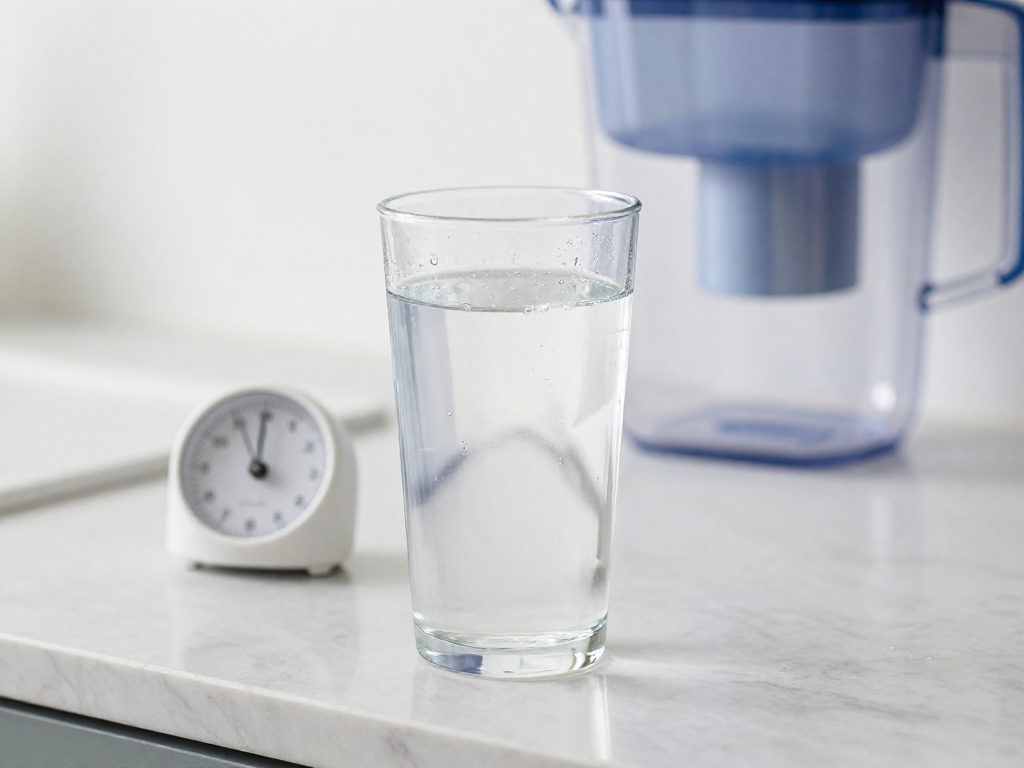 A glass of tap water resting on a counter with a timer to let chlorine dissipate before feeding a sourdough starter