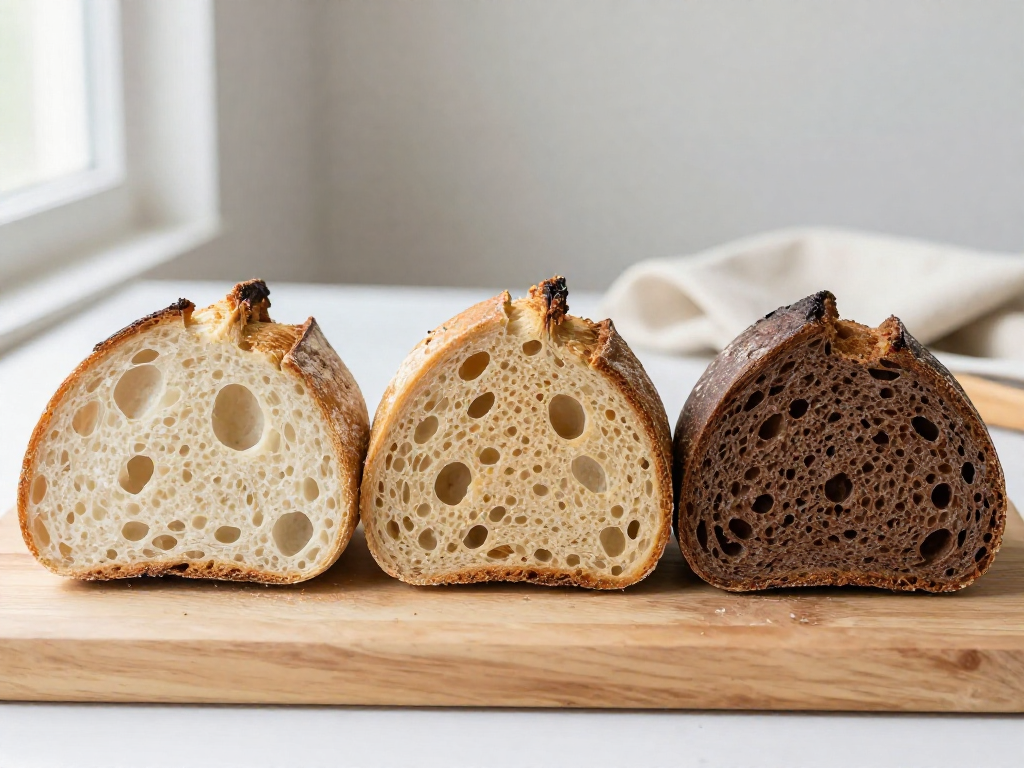 Cross-sections of white, whole wheat, and rye sourdough loaves side by side showing crumb differences