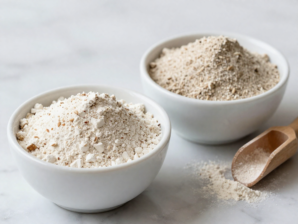 Whole wheat flour and rye flour in two bowls showing their texture and color differences