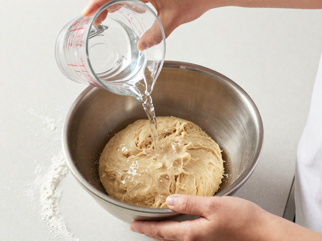 Hands adding water to whole grain sourdough dough during the autolyse step