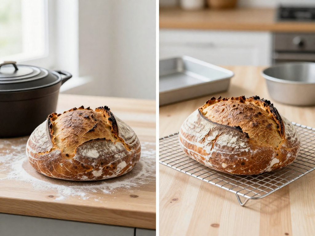 A sourdough loaf baked in a Dutch oven next to a sourdough loaf baked with a steam-pan setup, both with crusty golden crusts.