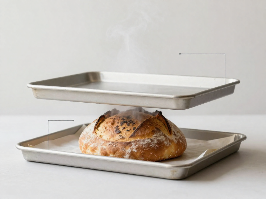 Diagram of two stacked baking sheets forming a steam dome over a sourdough loaf to trap steam.