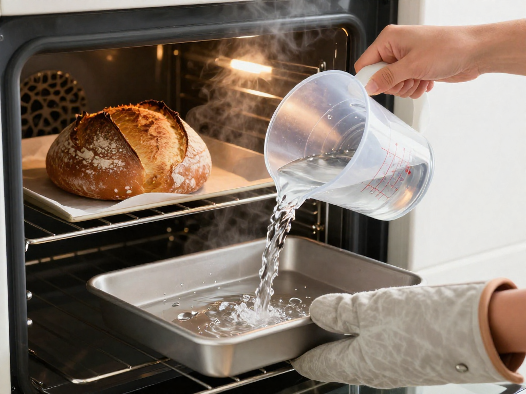 Hands pouring boiling water into a bottom oven tray to create steam while baking a scored sourdough loaf.
