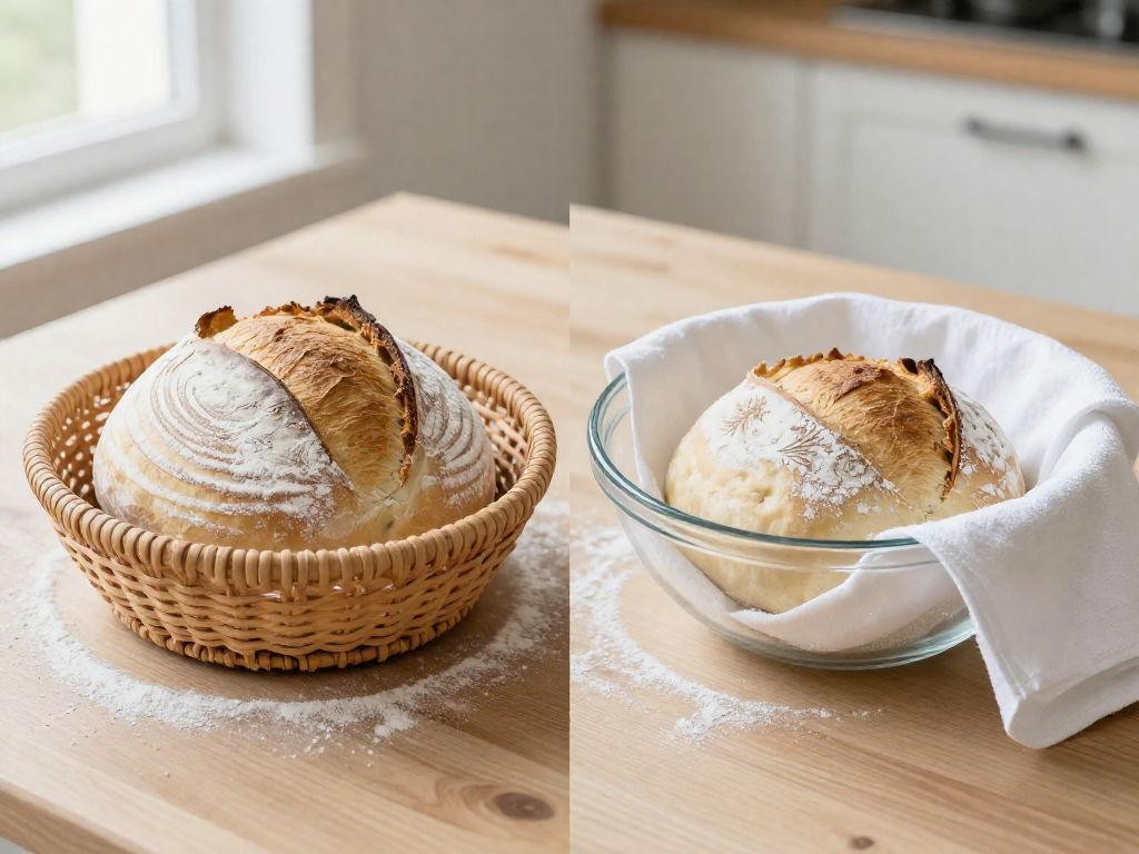 Sourdough dough proofing in a rattan banneton beside identical dough in a floured towel-lined glass bowl