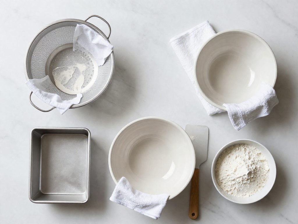 Overhead flat-lay of cheap banneton alternatives including a colander, mixing bowl, loaf pan, and floured towels