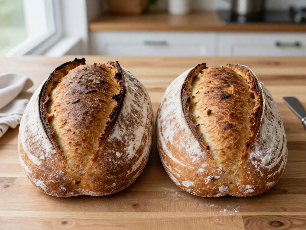 Two round sourdough loaves side by side, one with a thick crisp Dutch oven crust and one with a thinner soft open-bake crust