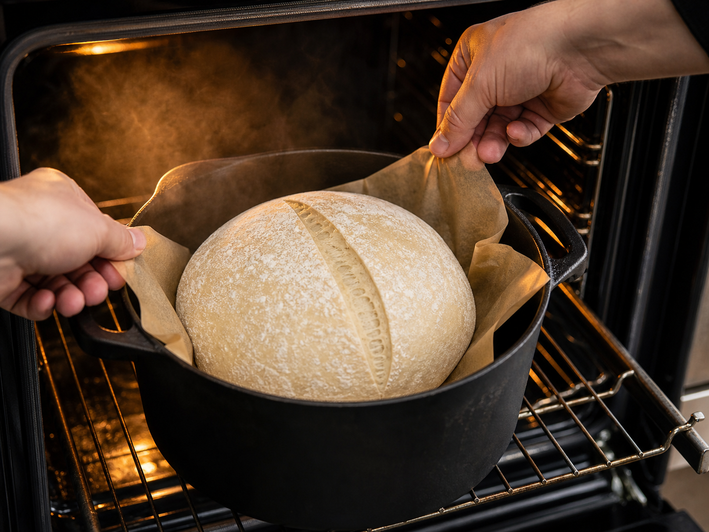 Scored sourdough dough being lowered on parchment paper into a hot cast iron Dutch oven inside an oven