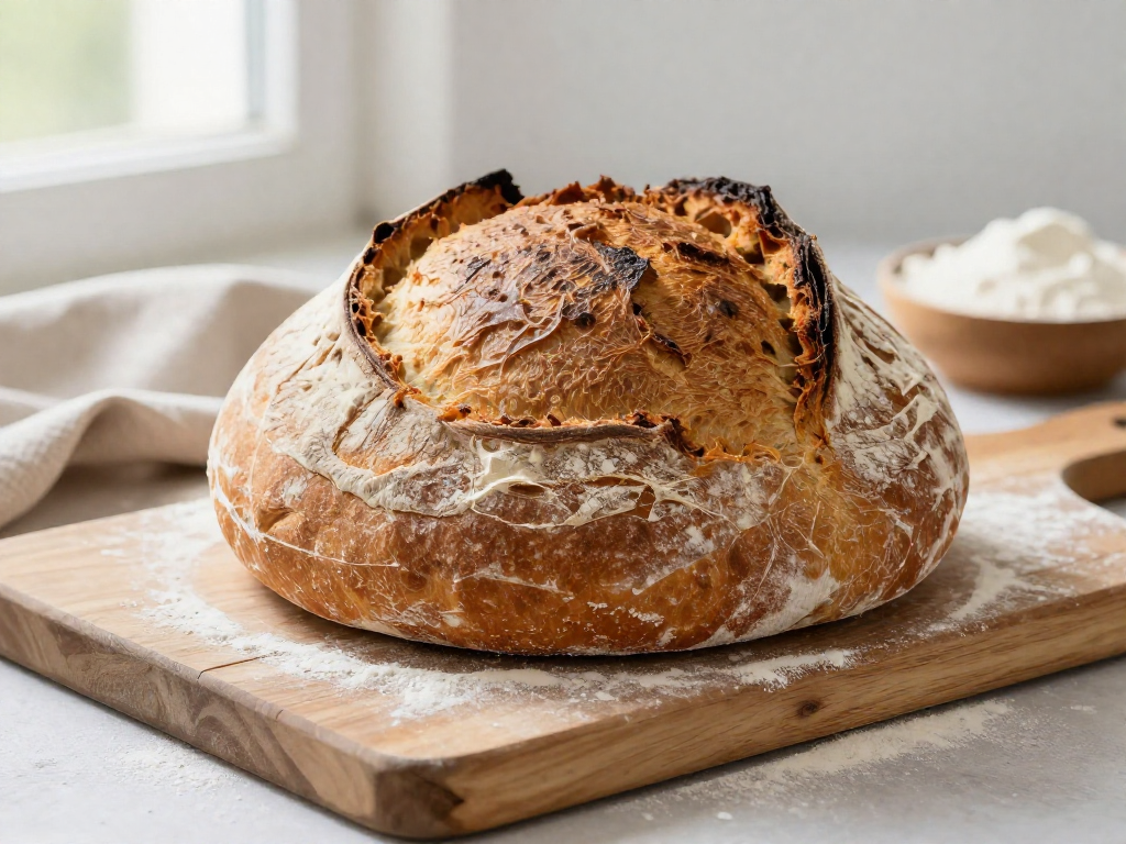 Golden crusty round no-knead sourdough loaf with a scored ear on a floured wooden board
