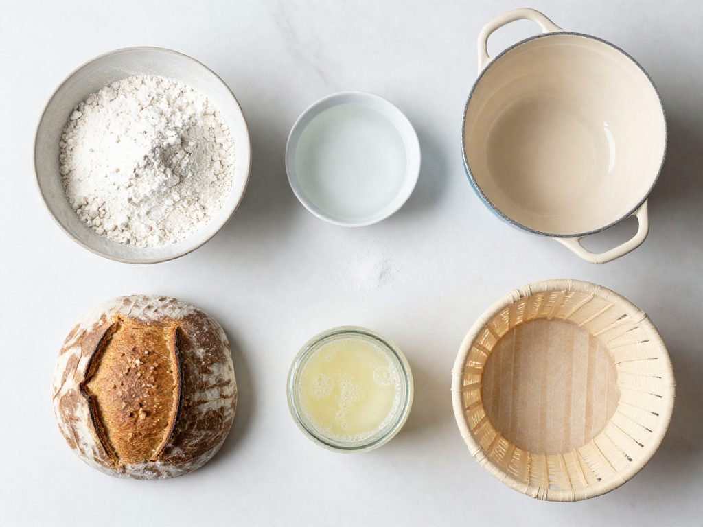 Overhead view of flour, water, salt, sourdough starter, and baking tools on a marble surface