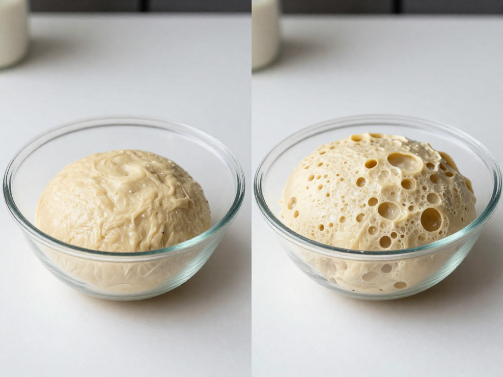 Side-by-side comparison of sourdough dough before and after bulk fermentation