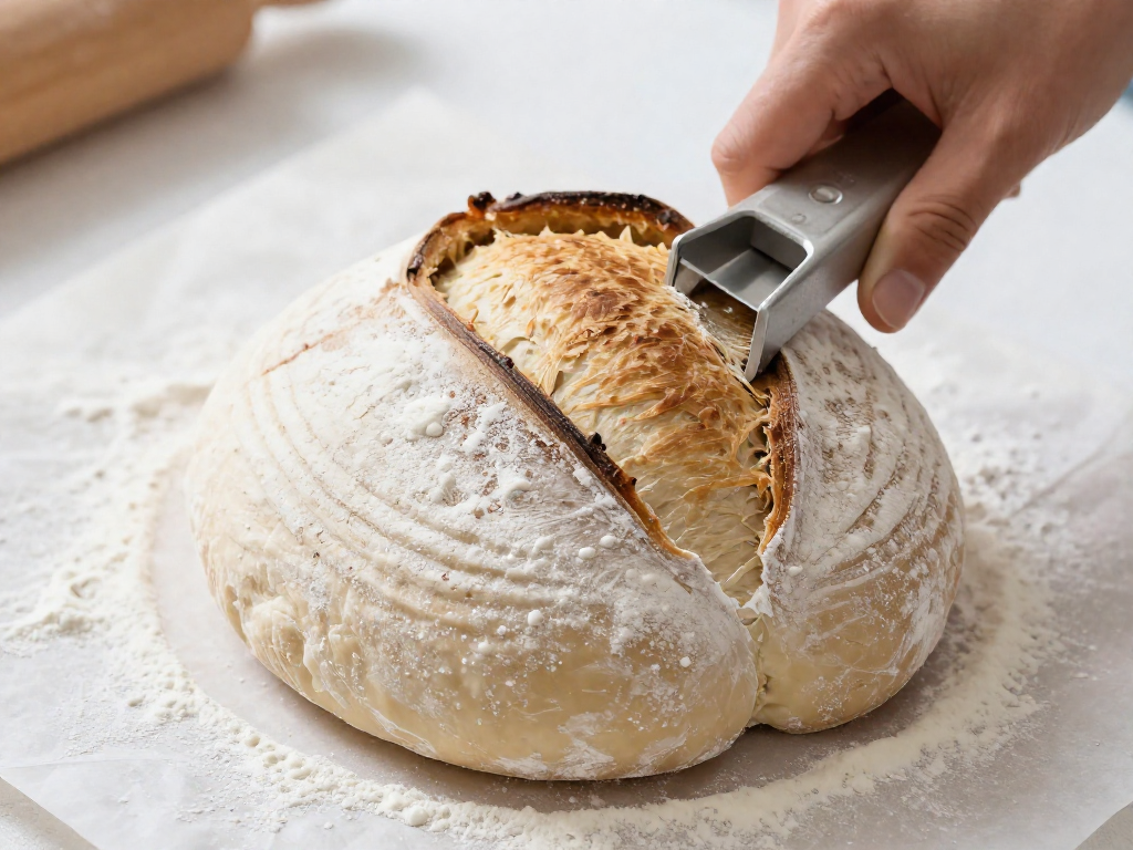 Hand scoring a floured round sourdough dough with a bread lame before baking