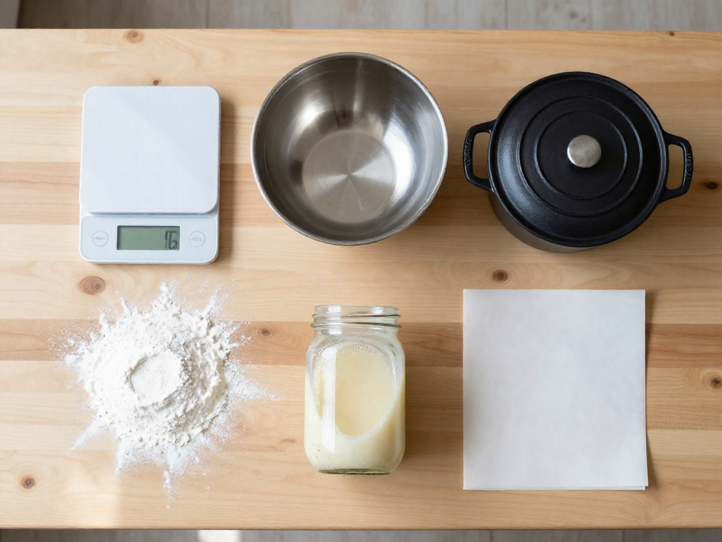 Overhead flat-lay of essential beginner sourdough tools including a digital scale, mixing bowl, Dutch oven, glass starter jar, and parchment paper on a light wooden table