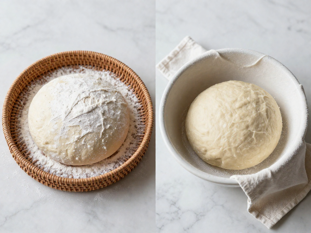 Side-by-side comparison of a rattan banneton proofing basket and a bowl lined with a floured towel, both holding sourdough dough